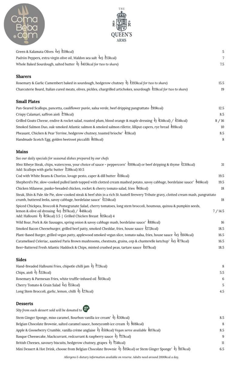 The Queen’s Arms London Menu p1