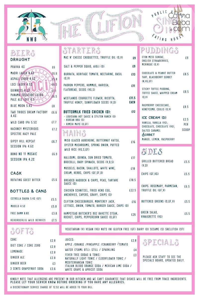 The Clifton NW8 London Menu p1